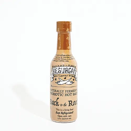 Resurgam Back to the Roots hot sauce bottle