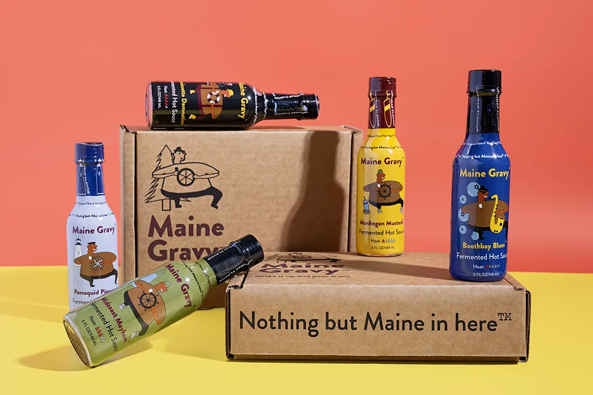 Maine Gravy bottles and boxes