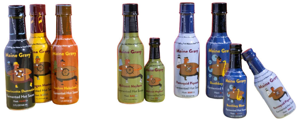 Maine Gravy hot sauce bottles